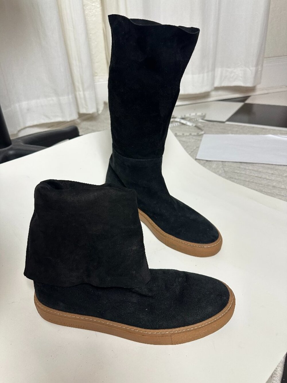 Tamara Mellon Black Suede Fold Over Mid Calf Boots Gum Sole EU 38 Italy